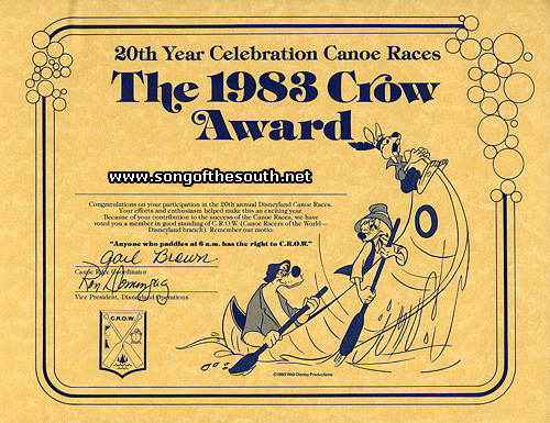 Disneyland Crow Award Certificate